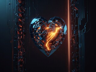 Futuristic realistic holographic neon light mechanized heart. Photo realistic style. Illustration in the style of futurism for wallpaper.