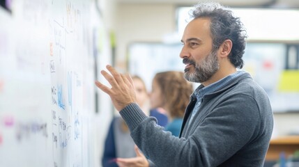 Side view of a teacher explaining something on a whiteboard, classroom faintly blurred in the background.