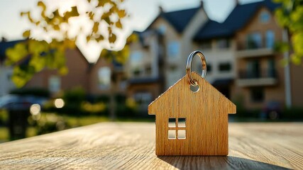Keychain in form of a house on the table outdoors on background of residential buildings. Mortgage loan for buying home. Real estate, property, tax and insurance concept - Powered by Adobe