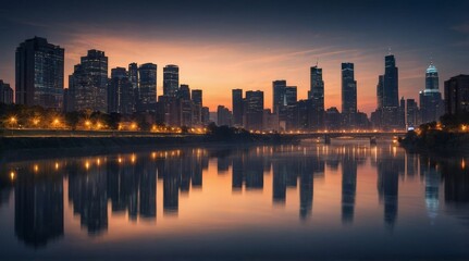 Fototapeta premium Majestic Cityscape at Dusk: Illuminated Urban Skyline Reflected on Calm Waters, Showcasing Architectural Splendor and the Serenity of Twilight