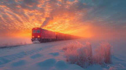 A freight train moves along railway tracks in a winter landscape, surrounded by snow. The sunset casts vivid colors across the sky, creating a stunning backdrop.