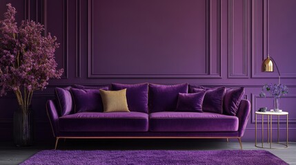 Obraz premium Luxurious purple velvet sofa in a modern interior design setting