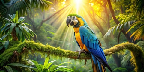 Obraz premium A vibrant blue and yellow macaw perched on a moss-covered branch, basking in the golden glow of sunlight filtering through the lush tropical foliage.