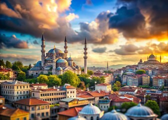 Naklejka premium Vibrant Tilt-Shift Photography of Istanbul Skyline Blending Historic Mosques and Modern Architecture Under Dynamic Sky