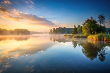 A serene landscape of a peaceful lake at dawn with a misty fog, lake, peaceful atmosphere