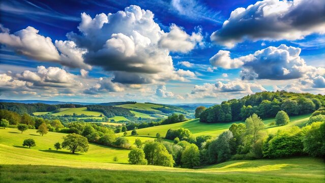 A serene landscape with a light blue sky and fluffy white clouds, set against a backdrop of lush green trees and rolling hills, tree line, nature