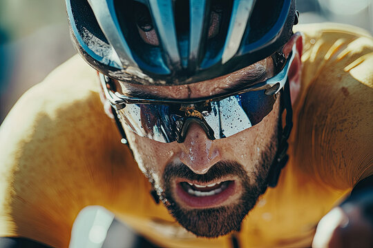 Close-up of an intense cyclist at the finish line, face showing exhaustion and triumph image