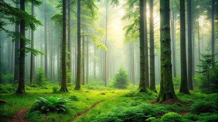Fototapeta premium A serene and peaceful forest scene with tall trees, green underbrush, and a misty atmosphere, woodland scenes, serenity