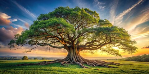 Ancient tree with gnarled branches and roots stretching across a vast landscape, tree of life, wilderness