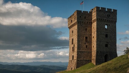 A picturesque archer tower nestled among wildflowers adds charm to the landscape