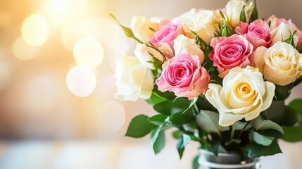 Elegant bouquet of pink white roses with soft bokeh background