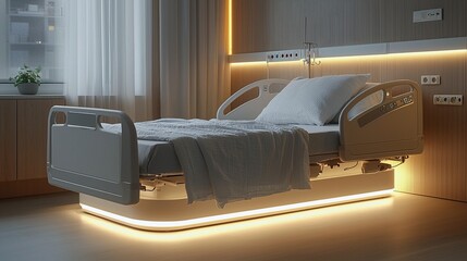 Fototapeta premium Modern Hospital Bed Design with Soft Ambient Lighting in a Sterile Room