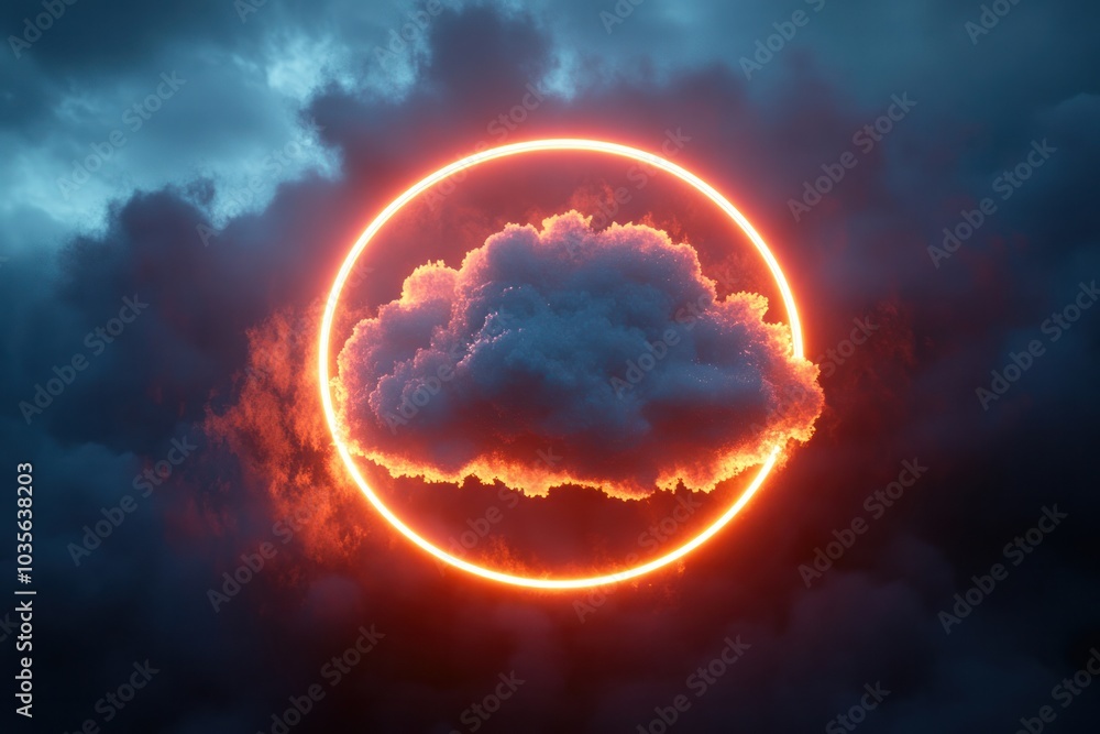 Aufkleber a 3d glowing circular neon frame suspends around an abstract, textured cloud in a dark sky, creating