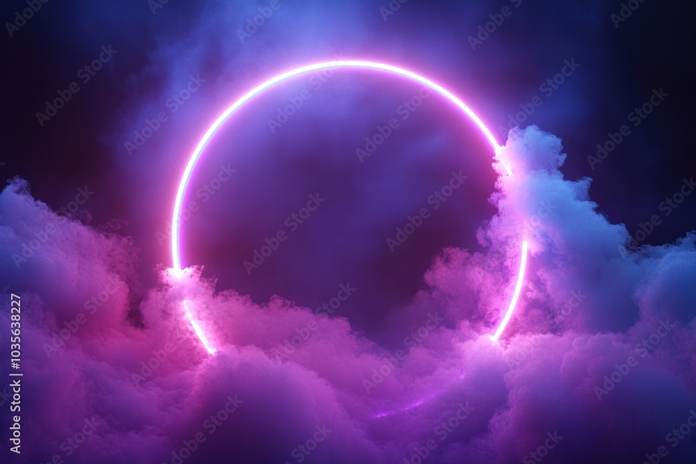 Poster a 3d glowing circular neon frame suspends around an abstract, textured cloud in a dark sky, creating