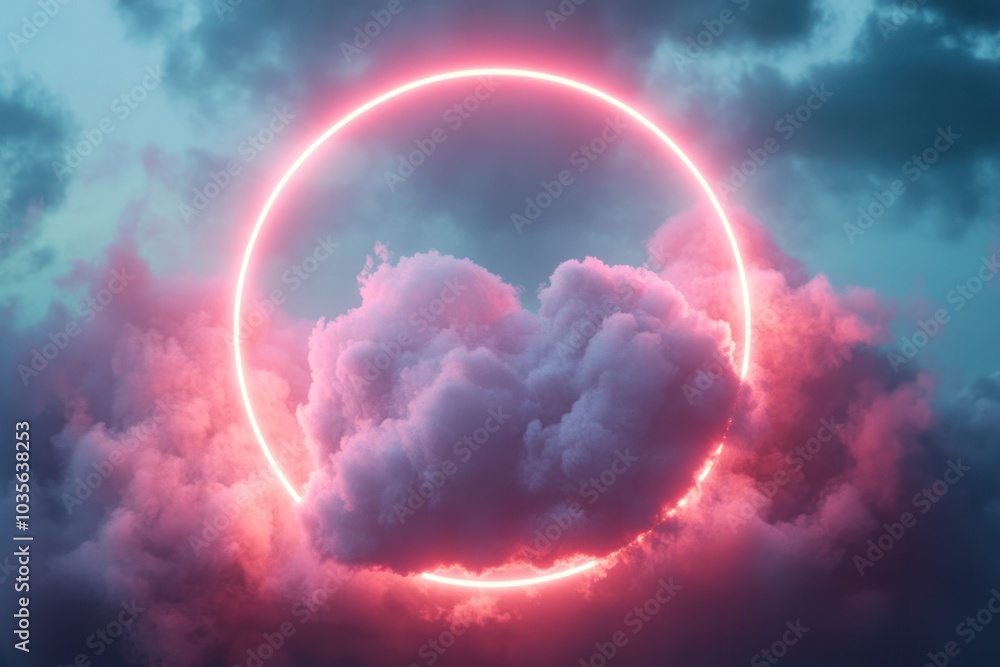Poster a 3d glowing circular neon frame suspends around an abstract, textured cloud in a dark sky, creating
