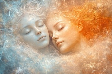 Ethereal dreamscape with serene sleeping faces