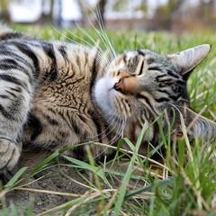 A close-up of a tabby cat's face lying in the grass, with its eyes closed and paws visible