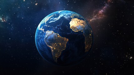 Fototapeta premium A breathtaking view of Earth illuminated at night, showcasing vibrant city lights across continents against the deep blackness of outer space