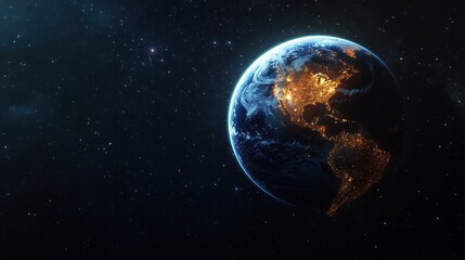Fototapeta premium A breathtaking view of Earth illuminated at night, showcasing vibrant city lights across continents against the deep blackness of outer space