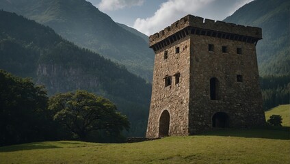 A picturesque archer tower standing in a tranquil meadow invites peace and reflection