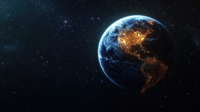 A breathtaking view of Earth illuminated at night, showcasing vibrant city lights across continents against the deep blackness of outer space