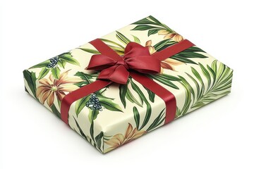 Elegant gift wrapped with floral pattern red ribbon