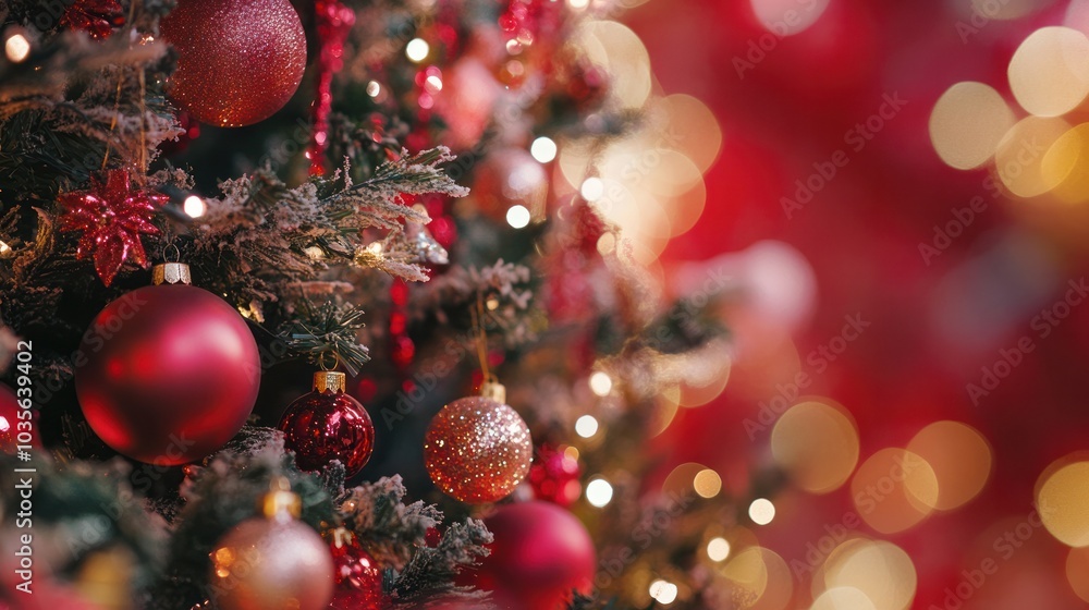 Poster a close-up of a christmas tree filled with shimmering ornaments of various shapes and sizes, twinkli