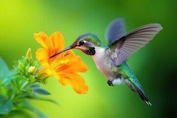 Fototapeta premium A close-up of a juvenile Rubythroated hummingbird feeding from a bright orange flower in full bloom. The intricate details of the bird's plumage, showcasing shades of green and hints of ruby red