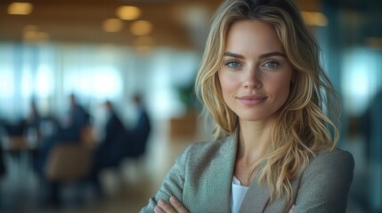 Obraz premium businesswoman confidently crossing her arms in a boardroom setting exuding leadership skills and positivity set against a backdrop of colleagues and a modern meeting space