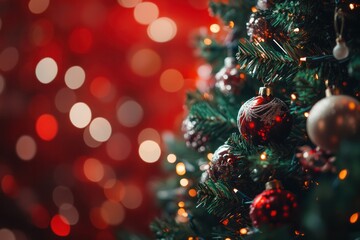 A close-up view of a lush green Christmas tree covered in an array of colorful ornaments, including shiny baubles and handcrafted decorations.