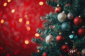 A close-up view of a lush green Christmas tree covered in an array of colorful ornaments, including shiny baubles and handcrafted decorations.