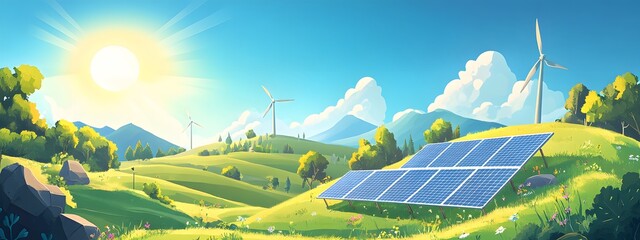 A landscape showing solar panels and wind turbines on green hills, symbolizing renewable energy sources in nature
