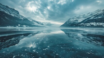 Serene mountain lake with snowy peaks reflected in the still water.  Blue sky with clouds overhead.  Perfect for nature, travel, and tranquility themes.