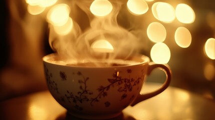 Fototapeta premium Close-up of a coffee cup in hand with steam rising, blurred background, warm tones.