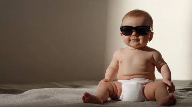 baby in black sunglasses, white diaper posing confidently on solid background with gentle shadows, playful yet stylish baby attitude.
