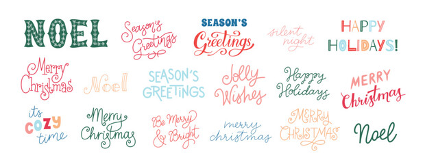 Christmas lettering set. Big collection of hand drawn and hand written Christmas greetings. Colorful vector lettering text