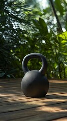 Fototapeta premium Black Kettlebell on Wooden Deck in a Lush Garden Setting