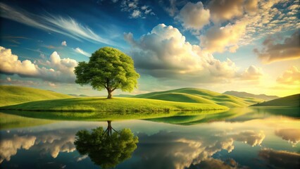 A solitary tree stands tall on a grassy knoll overlooking a still lake, its reflection mirroring the tranquil beauty of the surrounding landscape