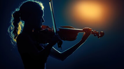 Fototapeta premium Side view of a musician with a violin, dark and minimalistic background, soft focus on the instrument.