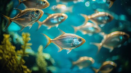 Silver Fish School Swimming in Unison Under Glowing Blue Water