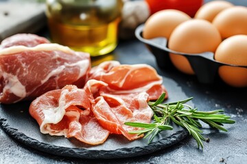 Fresh sliced prosciutto with herbs eggs on kitchen table
