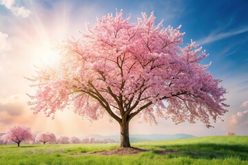 A blooming cherry blossom tree standing alone against a soft pink and white background on a sunny spring day, colorful blooms, blooming flowers