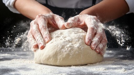 Hands kneading dough with flour dust, close-up, rustic kitchen atmosphere.