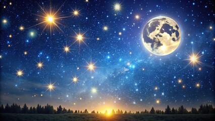 Naklejka premium A beautiful starry night scene with a full moon and twinkling stars, landscape, lunar imagery, outdoor