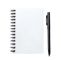 Top view of a blank spiral notebook with a black pen on white background, perfect for writing, sketching, and note-taking concepts.