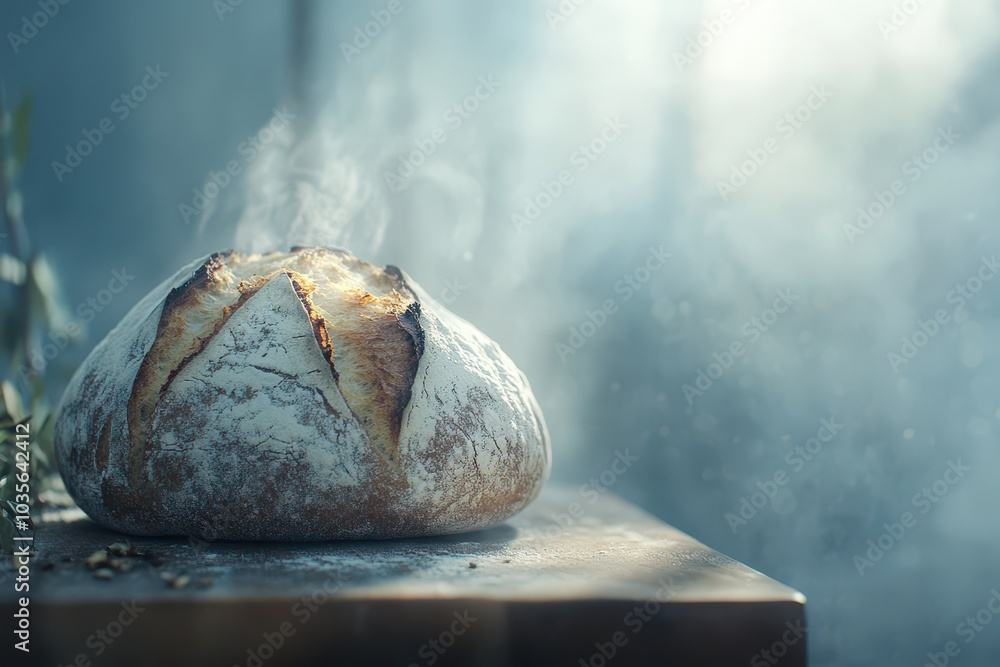 Wall mural freshly baked sourdough bread with steam rising in morning light