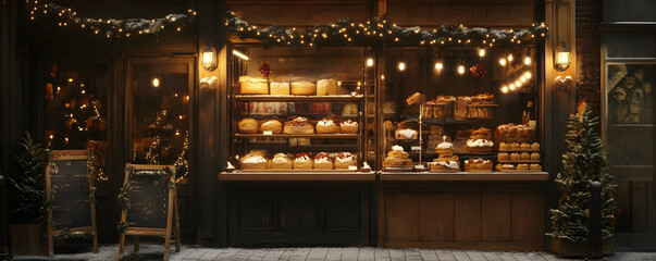 Naklejka premium Festive Rustic Bakery Storefront Displaying Holiday Pastries and Artisanal Offerings