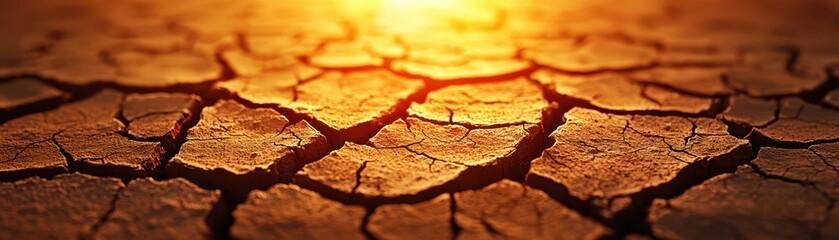 Fototapeta premium Cracked earth under the warm glow of the setting sun, symbolizing drought and climate change impacts.
