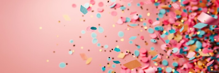 Obraz premium Colorful confetti explosion on pink background for celebratory occasions