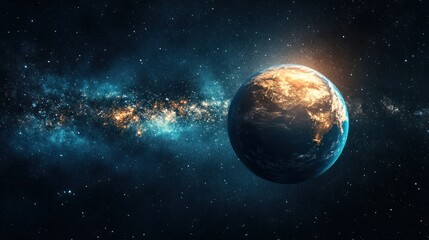 Fototapeta premium A high-resolution image of the planet Earth at night, highlighting urban areas with bright lights and sprawling infrastructure, set against the vastness of outer space filled